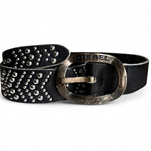Diesel Vintage Studded Leather Belt Black Silver Logo Buckle Size 34 Made Italy - Picture 2 of 8